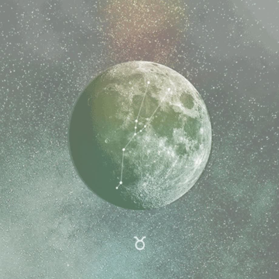 A full moon washed in sage green against a starry sky, with the constellation of Taurus drawn across it and the Taurus glyph beneath.